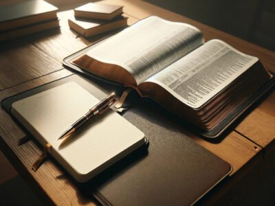 An open Bible and a notebook for daily devotion