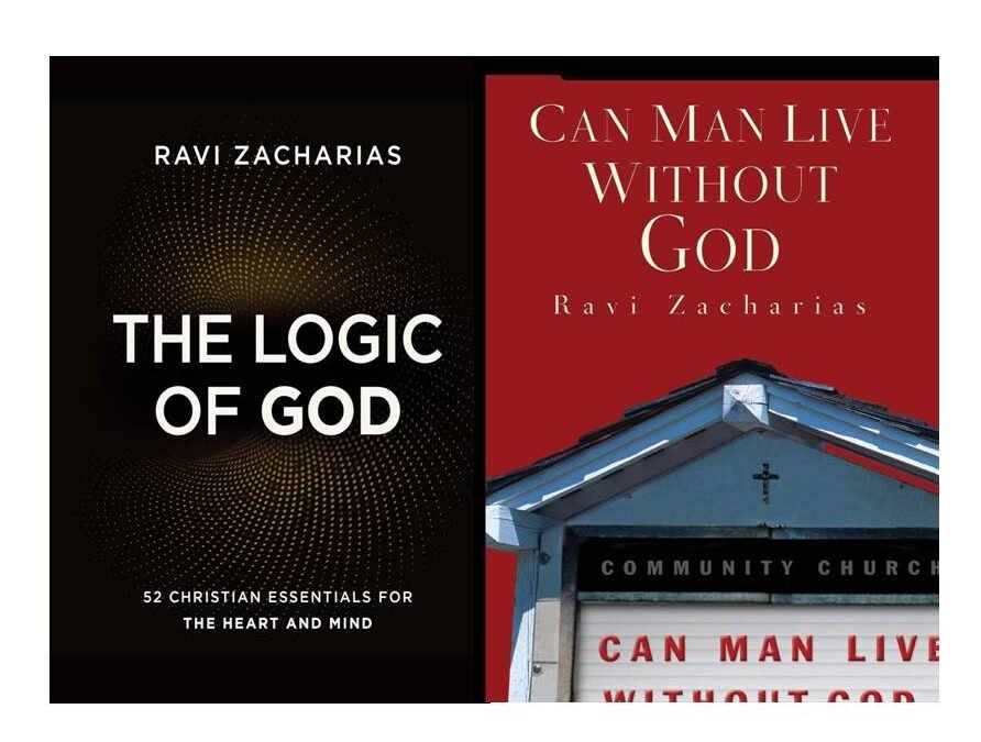 Books by Ravi Zacharias, a prominent Christian apologist, with a thoughtful expression