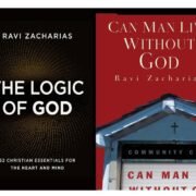 Books by Ravi Zacharias, a prominent Christian apologist, with a thoughtful expression