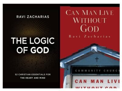 Books by Ravi Zacharias, a prominent Christian apologist, with a thoughtful expression