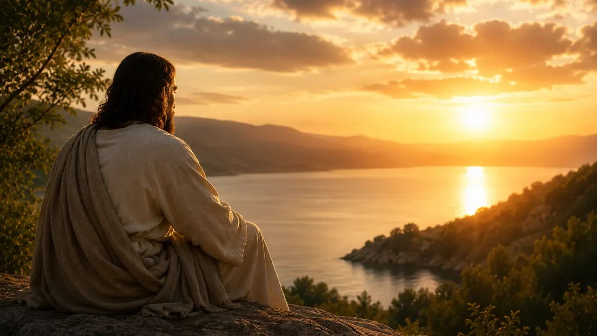 Finding Peace in Jesus Christ feature image of Jesus overlooking a peaceful sunrise above a calm lake, symbolizing God's presence, inner peace, faith, hope, and spiritual rest.