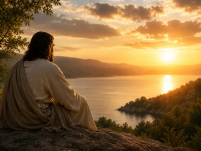 Finding Peace in Jesus Christ feature image of Jesus overlooking a peaceful sunrise above a calm lake, symbolizing God's presence, inner peace, faith, hope, and spiritual rest.