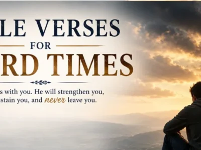 Bible verses for hard times feature image showing a person sitting on a rocky mountain overlook at sunrise, gazing toward a glowing cross in the distance.