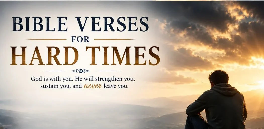Bible verses for hard times feature image showing a person sitting on a rocky mountain overlook at sunrise, gazing toward a glowing cross in the distance.