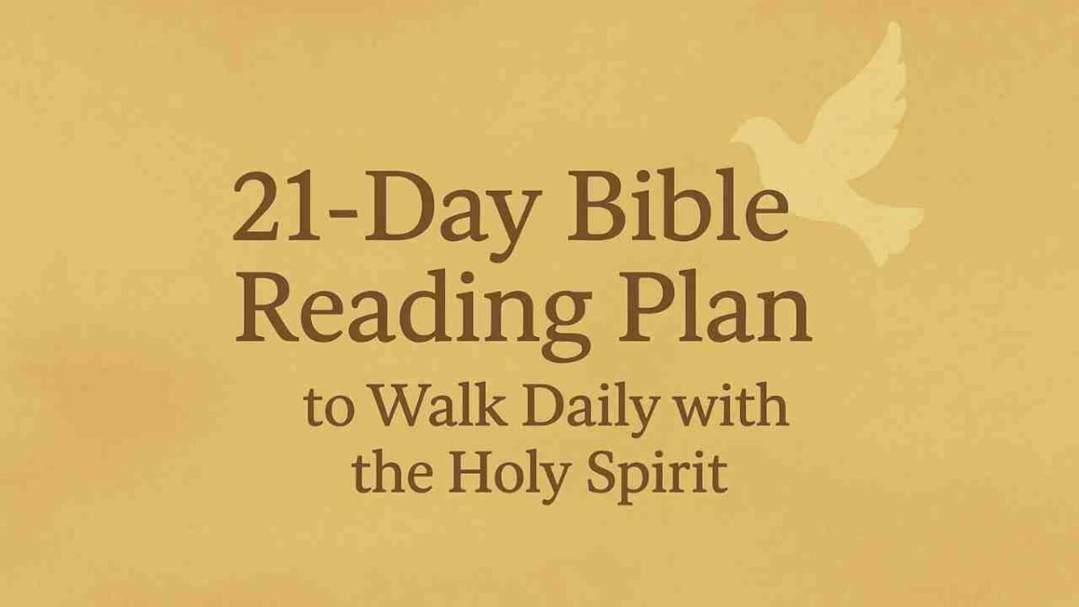 A 21-Day Bible Reading Plan for the Holy Spirit, featuring a list of daily scripture passages with a peaceful spiritual background