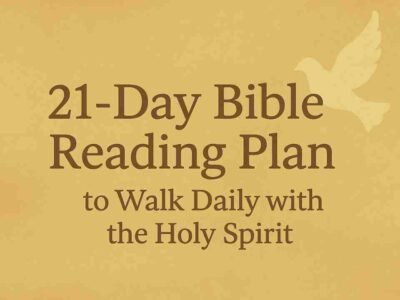 A 21-Day Bible Reading Plan for the Holy Spirit, featuring a list of daily scripture passages with a peaceful spiritual background