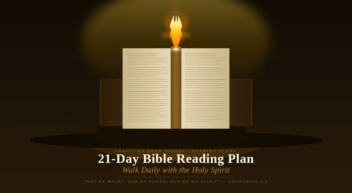 21-Day Holy Spirit Plan cover featuring an open Bible, glowing light symbolizing the Holy Spirit, and a peaceful prayer atmosphere with soft blue and gold tones, designed for a Christian devotional journey.