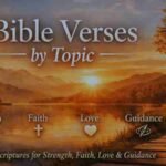 Scenic lakeside at sunrise with a wooden cross on a small hill and a curved wooden pathway along the shore, sunlight illuminating the mountains and water, with text overlay 'Bible Verses by Topic' and icons for Strength, Faith, Love, and Guidance.