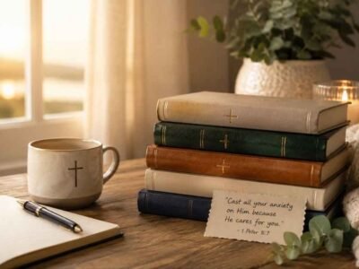 Cozy Christian reading scene featuring a stack of leather-bound books for anxiety and depression on a rustic wooden table beside a ceramic mug, notebook, and candle, softly lit by warm sunlight from a nearby window.