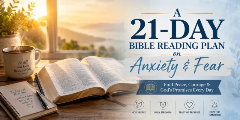 Open Bible illuminated by morning sunlight representing a 21-day Bible reading plan on anxiety and fear focused on finding God's peace and comfort through Scripture.