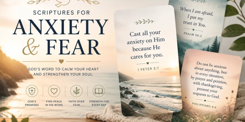 A serene, textured background featuring a collection of comforting Bible verses about overcoming anxiety and fear,