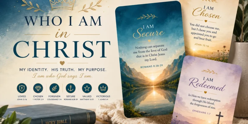 A beautifully styled graphic listing powerful "Who I Am in Christ" scriptures, detailing a believer's identity, worth, and inheritance in faith.