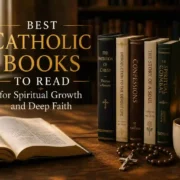 Stack of essential Catholic books for spiritual growth, including Rome Sweet Home, The Seven Storey Mountain, and Why We're Catholic