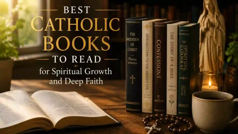 Stack of essential Catholic books for spiritual growth, including Rome Sweet Home, The Seven Storey Mountain, and Why We're Catholic